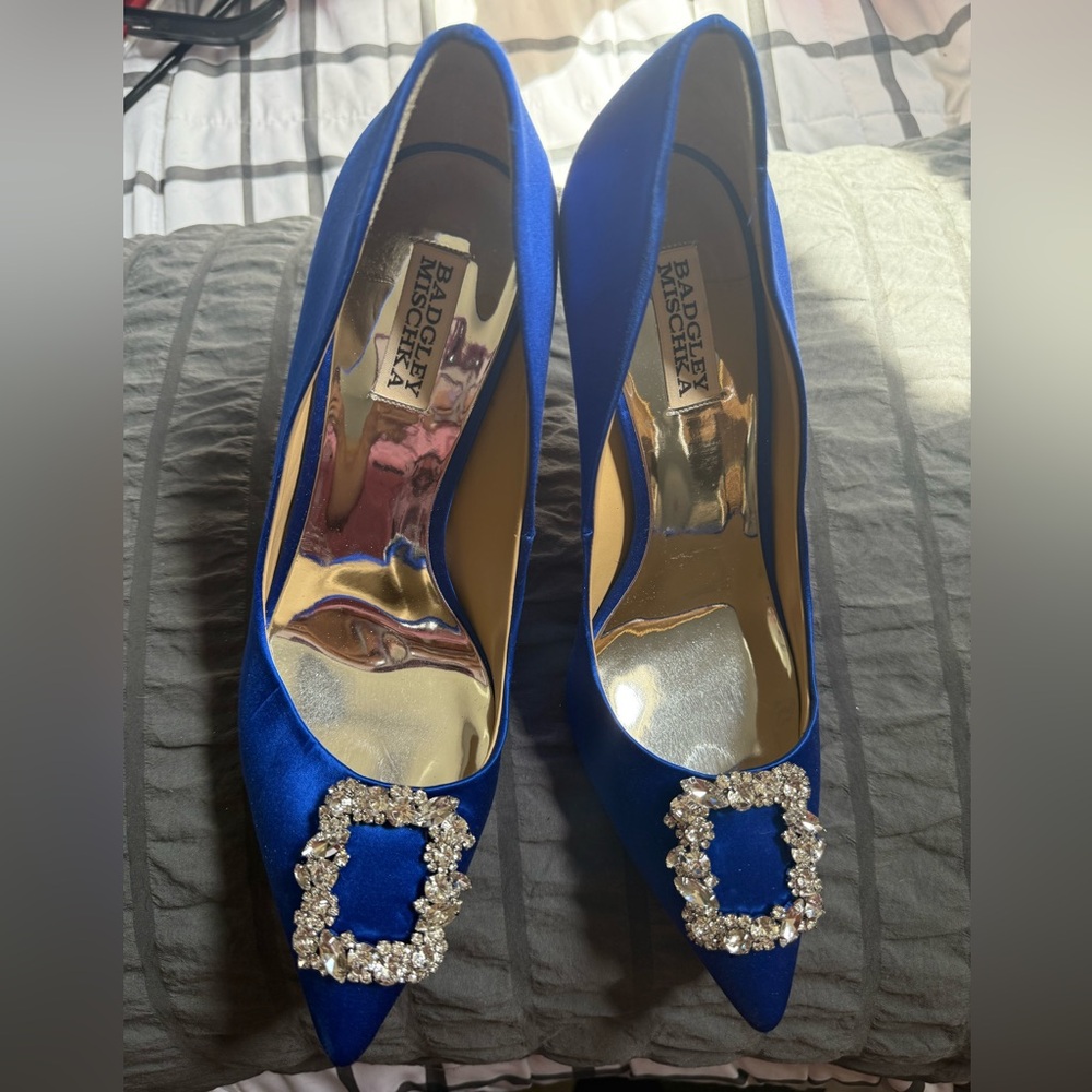 Badgley Mischka Blue Satin Heels with Crystal Buckle